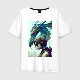 Мужская футболка хлопок Oversize с принтом Девчонка в шлеме и дракон   киберпанк в Белгороде, 100% хлопок | свободный крой, круглый ворот, “спинка” длиннее передней части | Тематика изображения на принте: 