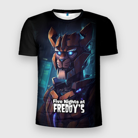 Мужская футболка 3D Slim с принтом Five Nights at Freddys Bonnie cyberpunk , 100% полиэстер с улучшенными характеристиками | приталенный силуэт, круглая горловина, широкие плечи, сужается к линии бедра | Тематика изображения на принте: 
