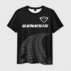 Мужская футболка 3D с принтом Genesis speed на темном фоне со следами шин: символ сверху в Курске, 100% полиэфир | прямой крой, круглый вырез горловины, длина до линии бедер | 