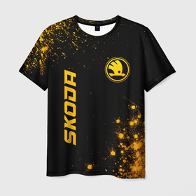 Мужская футболка 3D с принтом Skoda   gold gradient: надпись, символ в Тюмени, 100% полиэфир | прямой крой, круглый вырез горловины, длина до линии бедер | 