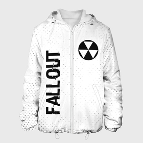 Мужская куртка 3D с принтом Fallout glitch на светлом фоне: надпись, символ в Екатеринбурге, ткань верха — 100% полиэстер, подклад — флис | прямой крой, подол и капюшон оформлены резинкой с фиксаторами, два кармана без застежек по бокам, один большой потайной карман на груди. Карман на груди застегивается на липучку | 