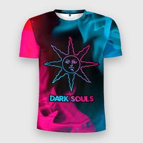 Мужская футболка 3D Slim с принтом Dark Souls   neon gradient в Тюмени, 100% полиэстер с улучшенными характеристиками | приталенный силуэт, круглая горловина, широкие плечи, сужается к линии бедра | 
