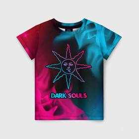 Детская футболка 3D с принтом Dark Souls   neon gradient в Кировске, 100% гипоаллергенный полиэфир | прямой крой, круглый вырез горловины, длина до линии бедер, чуть спущенное плечо, ткань немного тянется | Тематика изображения на принте: 