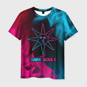Мужская футболка 3D с принтом Dark Souls   neon gradient в Санкт-Петербурге, 100% полиэфир | прямой крой, круглый вырез горловины, длина до линии бедер | Тематика изображения на принте: 