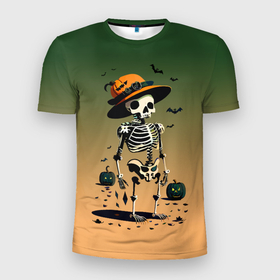 Мужская футболка 3D Slim с принтом Funny skeleton   halloween   neural network в Курске, 100% полиэстер с улучшенными характеристиками | приталенный силуэт, круглая горловина, широкие плечи, сужается к линии бедра | Тематика изображения на принте: 