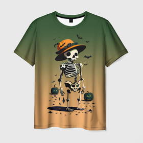 Мужская футболка 3D с принтом Funny skeleton   halloween   neural network в Белгороде, 100% полиэфир | прямой крой, круглый вырез горловины, длина до линии бедер | 