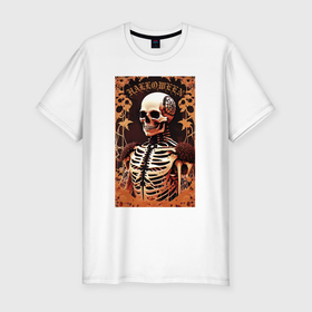 Мужская футболка хлопок Slim с принтом Gothic skeleton   floral pattern в Тюмени, 92% хлопок, 8% лайкра | приталенный силуэт, круглый вырез ворота, длина до линии бедра, короткий рукав | Тематика изображения на принте: 