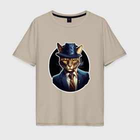 Мужская футболка хлопок Oversize с принтом Кот в шляпе в Санкт-Петербурге, 100% хлопок | свободный крой, круглый ворот, “спинка” длиннее передней части | 