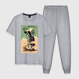 Мужская пижама хлопок с принтом Прикольный скелетик   хэллоуин   нейросеть , 100% хлопок | брюки и футболка прямого кроя, без карманов, на брюках мягкая резинка на поясе и по низу штанин
 | 