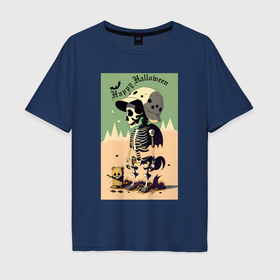 Мужская футболка хлопок Oversize с принтом Прикольный скелетик   хэллоуин   нейросеть , 100% хлопок | свободный крой, круглый ворот, “спинка” длиннее передней части | 