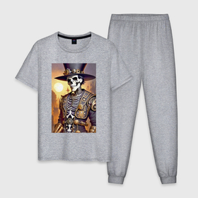Мужская пижама хлопок с принтом Модный скелет в шляпе   стимпанк   нейросеть , 100% хлопок | брюки и футболка прямого кроя, без карманов, на брюках мягкая резинка на поясе и по низу штанин
 | 