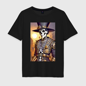 Мужская футболка хлопок Oversize с принтом Модный скелет в шляпе   стимпанк   нейросеть в Белгороде, 100% хлопок | свободный крой, круглый ворот, “спинка” длиннее передней части | 