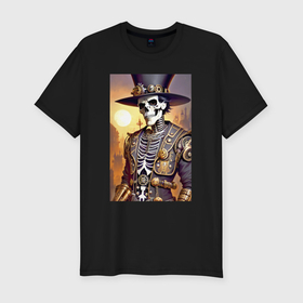 Мужская футболка хлопок Slim с принтом Модный скелет в шляпе   стимпанк   нейросеть ,  |  | Тематика изображения на принте: 