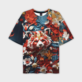 Мужская футболка oversize 3D с принтом Красная панда в цветах в Новосибирске,  |  | 