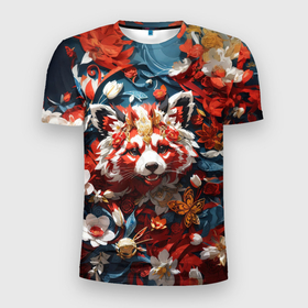 Мужская футболка 3D Slim с принтом Красная панда в цветах , 100% полиэстер с улучшенными характеристиками | приталенный силуэт, круглая горловина, широкие плечи, сужается к линии бедра | 