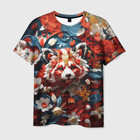 Мужская футболка 3D с принтом Красная панда в цветах в Новосибирске, 100% полиэфир | прямой крой, круглый вырез горловины, длина до линии бедер | Тематика изображения на принте: 