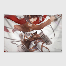 Флаг-баннер с принтом Атака Титанов Mikasa Ackerman в Курске, 100% полиэстер | размер 67 х 109 см, плотность ткани — 95 г/м2; по краям флага есть четыре люверса для крепления | 