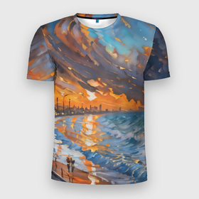 Мужская футболка 3D Slim с принтом Береговые волны на закате в Екатеринбурге, 100% полиэстер с улучшенными характеристиками | приталенный силуэт, круглая горловина, широкие плечи, сужается к линии бедра | 