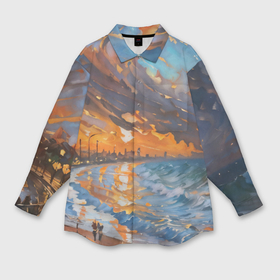 Мужская рубашка oversize 3D с принтом Береговые волны на закате в Новосибирске,  |  | 