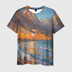 Мужская футболка 3D с принтом Береговые волны на закате в Новосибирске, 100% полиэфир | прямой крой, круглый вырез горловины, длина до линии бедер | Тематика изображения на принте: 