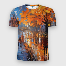 Мужская футболка 3D Slim с принтом Осенний город импрессионизм в Тюмени, 100% полиэстер с улучшенными характеристиками | приталенный силуэт, круглая горловина, широкие плечи, сужается к линии бедра | Тематика изображения на принте: 