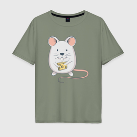 Мужская футболка хлопок Oversize с принтом Мышка с сыром в Кировске, 100% хлопок | свободный крой, круглый ворот, “спинка” длиннее передней части | 