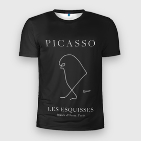 Мужская футболка 3D Slim с принтом Птица на черном   Пабло Пикассо в Новосибирске, 100% полиэстер с улучшенными характеристиками | приталенный силуэт, круглая горловина, широкие плечи, сужается к линии бедра | 