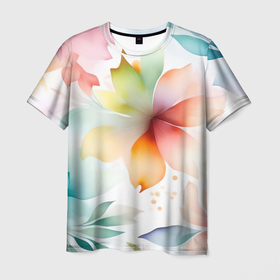Мужская футболка 3D с принтом Акварельный цветочный принт в Кировске, 100% полиэфир | прямой крой, круглый вырез горловины, длина до линии бедер | 