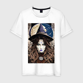 Мужская футболка хлопок с принтом Взгляд ведьмы   хэллоуин в Екатеринбурге, 100% хлопок | прямой крой, круглый вырез горловины, длина до линии бедер, слегка спущенное плечо. | 