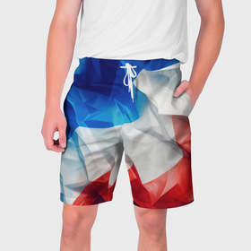 Мужские шорты 3D с принтом Абстракция в цветах флага РФ в Санкт-Петербурге,  полиэстер 100% | прямой крой, два кармана без застежек по бокам. Мягкая трикотажная резинка на поясе, внутри которой широкие завязки. Длина чуть выше колен | 