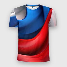 Мужская футболка 3D Slim с принтом Объемная абстракция в цветах флага РФ в Кировске, 100% полиэстер с улучшенными характеристиками | приталенный силуэт, круглая горловина, широкие плечи, сужается к линии бедра | 