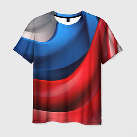 Мужская футболка 3D с принтом Объемная абстракция в цветах флага РФ в Кировске, 100% полиэфир | прямой крой, круглый вырез горловины, длина до линии бедер | 