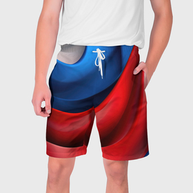 Мужские шорты 3D с принтом Объемная абстракция в цветах флага РФ в Новосибирске,  полиэстер 100% | прямой крой, два кармана без застежек по бокам. Мягкая трикотажная резинка на поясе, внутри которой широкие завязки. Длина чуть выше колен | 