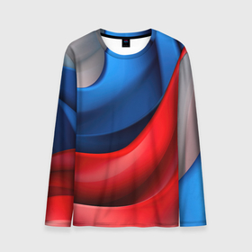 Мужской лонгслив 3D с принтом Объемная абстракция в цветах флага РФ в Кировске, 100% полиэстер | длинные рукава, круглый вырез горловины, полуприлегающий силуэт | 