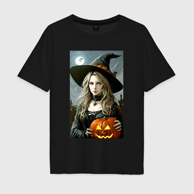 Мужская футболка хлопок Oversize с принтом Прекрасная ведьма с тыквой   хэллоуин в Курске, 100% хлопок | свободный крой, круглый ворот, “спинка” длиннее передней части | 