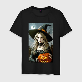 Мужская футболка хлопок с принтом Прекрасная ведьма с тыквой   хэллоуин в Тюмени, 100% хлопок | прямой крой, круглый вырез горловины, длина до линии бедер, слегка спущенное плечо. | 