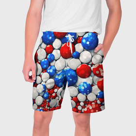 Мужские шорты 3D с принтом Шарики в цветах флага РФ в Санкт-Петербурге,  полиэстер 100% | прямой крой, два кармана без застежек по бокам. Мягкая трикотажная резинка на поясе, внутри которой широкие завязки. Длина чуть выше колен | 