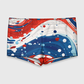 Мужские купальные плавки 3D с принтом Брызги красок в цветах флага РФ в Петрозаводске, Полиэстер 85%, Спандекс 15% |  | 