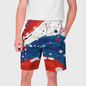 Мужские шорты 3D с принтом Брызги красок в цветах флага РФ ,  полиэстер 100% | прямой крой, два кармана без застежек по бокам. Мягкая трикотажная резинка на поясе, внутри которой широкие завязки. Длина чуть выше колен | 