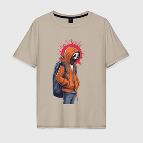 Мужская футболка хлопок Oversize с принтом Школьник ленивец в Тюмени, 100% хлопок | свободный крой, круглый ворот, “спинка” длиннее передней части | 