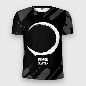 Мужская футболка 3D Slim с принтом Demon Slayer glitch на темном фоне в Екатеринбурге, 100% полиэстер с улучшенными характеристиками | приталенный силуэт, круглая горловина, широкие плечи, сужается к линии бедра | Тематика изображения на принте: 