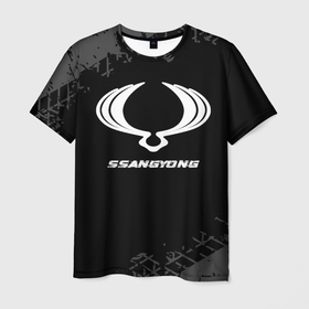 Мужская футболка 3D с принтом SsangYong speed на темном фоне со следами шин в Белгороде, 100% полиэфир | прямой крой, круглый вырез горловины, длина до линии бедер | 