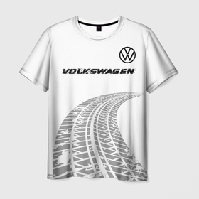 Мужская футболка 3D с принтом Volkswagen speed на светлом фоне со следами шин: символ сверху в Курске, 100% полиэфир | прямой крой, круглый вырез горловины, длина до линии бедер | 