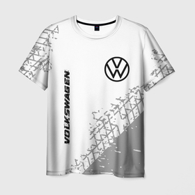 Мужская футболка 3D с принтом Volkswagen speed на светлом фоне со следами шин: надпись, символ в Курске, 100% полиэфир | прямой крой, круглый вырез горловины, длина до линии бедер | 