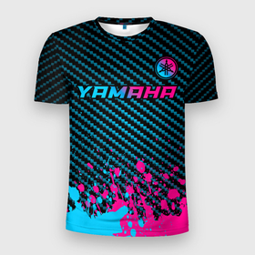 Мужская футболка 3D Slim с принтом Yamaha   neon gradient: символ сверху в Кировске, 100% полиэстер с улучшенными характеристиками | приталенный силуэт, круглая горловина, широкие плечи, сужается к линии бедра | Тематика изображения на принте: 