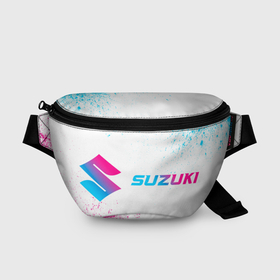 Поясная сумка 3D с принтом Suzuki neon gradient style: надпись и символ в Санкт-Петербурге, 100% полиэстер | плотная ткань, ремень с регулируемой длиной, внутри несколько карманов для мелочей, основное отделение и карман с обратной стороны сумки застегиваются на молнию | 