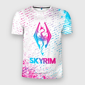 Мужская футболка 3D Slim с принтом Skyrim neon gradient style в Екатеринбурге, 100% полиэстер с улучшенными характеристиками | приталенный силуэт, круглая горловина, широкие плечи, сужается к линии бедра | Тематика изображения на принте: 