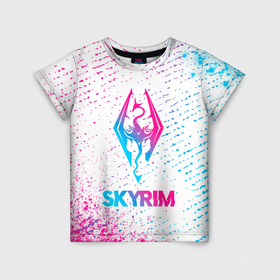 Детская футболка 3D с принтом Skyrim neon gradient style в Тюмени, 100% гипоаллергенный полиэфир | прямой крой, круглый вырез горловины, длина до линии бедер, чуть спущенное плечо, ткань немного тянется | Тематика изображения на принте: 