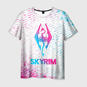 Мужская футболка 3D с принтом Skyrim neon gradient style в Екатеринбурге, 100% полиэфир | прямой крой, круглый вырез горловины, длина до линии бедер | Тематика изображения на принте: 