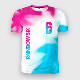 Мужская футболка 3D Slim с принтом Rainbow Six neon gradient style: надпись, символ в Кировске, 100% полиэстер с улучшенными характеристиками | приталенный силуэт, круглая горловина, широкие плечи, сужается к линии бедра | 